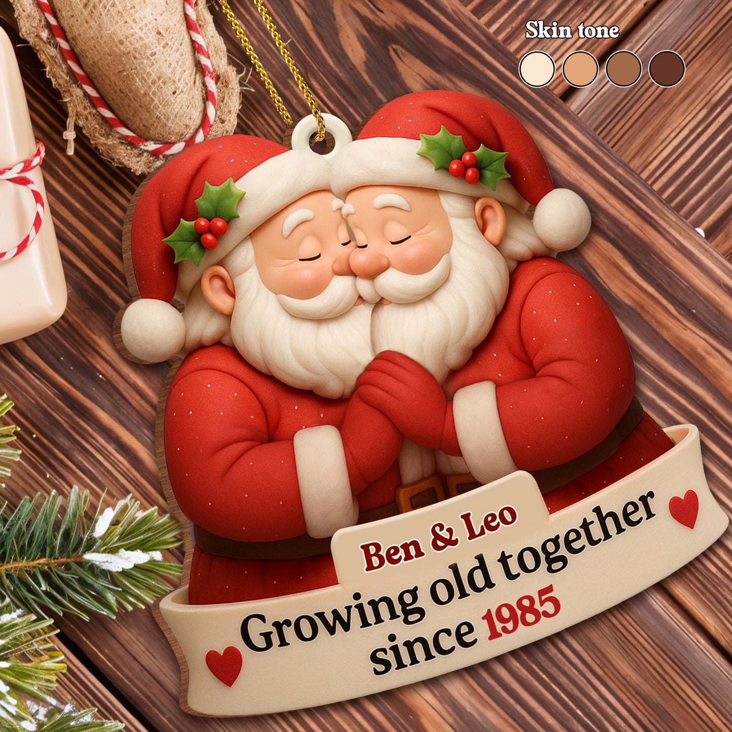 Growing Old Together, Santa Hats And Hearts - Personalized Custom Wood Ornament, Custom Shaped - CPL623_WDO
