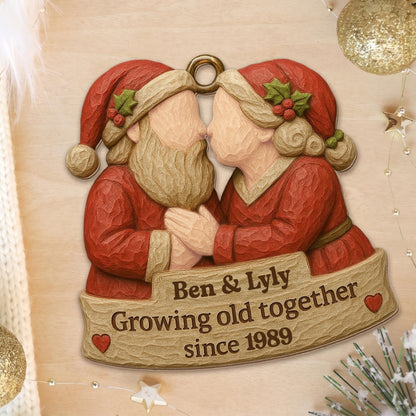 Growing Old Together, Santa Hats And Christmas Outfit - Personalized Custom Wood Ornament, Custom Shaped - CPL654_WDO