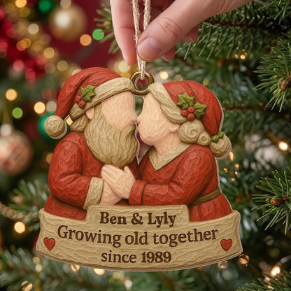Growing Old Together, Santa Hats And Christmas Outfit - Personalized Custom Wood Ornament, Custom Shaped - CPL654_WDO