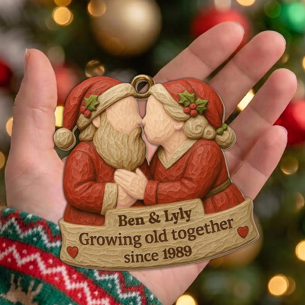 Growing Old Together, Santa Hats And Christmas Outfit - Personalized Custom Wood Ornament, Custom Shaped - CPL654_WDO