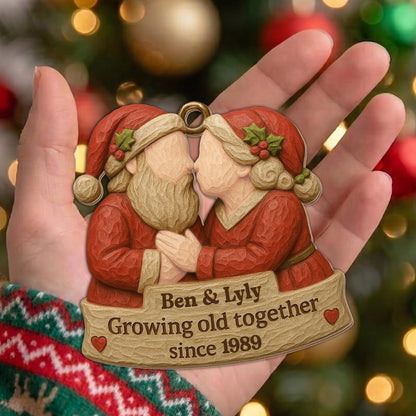 Growing Old Together, Santa Hats And Christmas Outfit - Personalized Custom Wood Ornament, Custom Shaped - CPL654_WDO