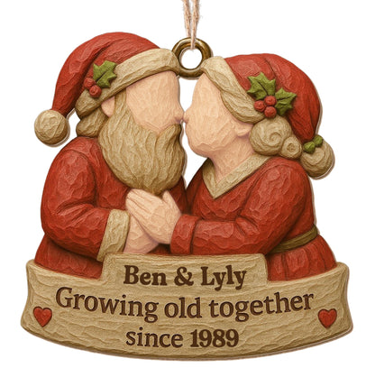 Growing Old Together, Santa Hats And Christmas Outfit - Personalized Custom Wood Ornament, Custom Shaped - CPL654_WDO