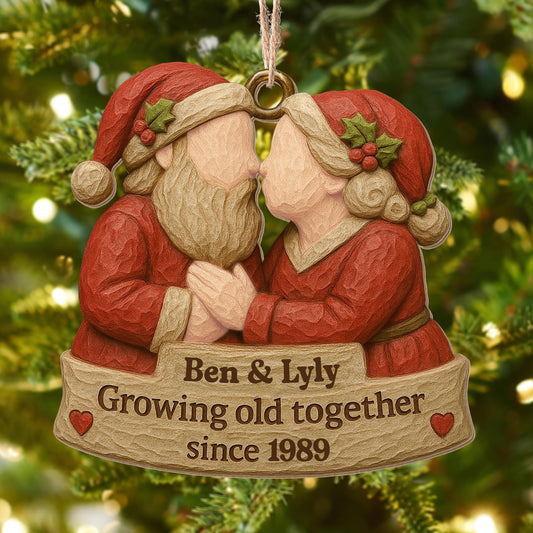 Growing Old Together, Santa Hats And Christmas Outfit - Personalized Custom Wood Ornament, Custom Shaped - CPL654_WDO