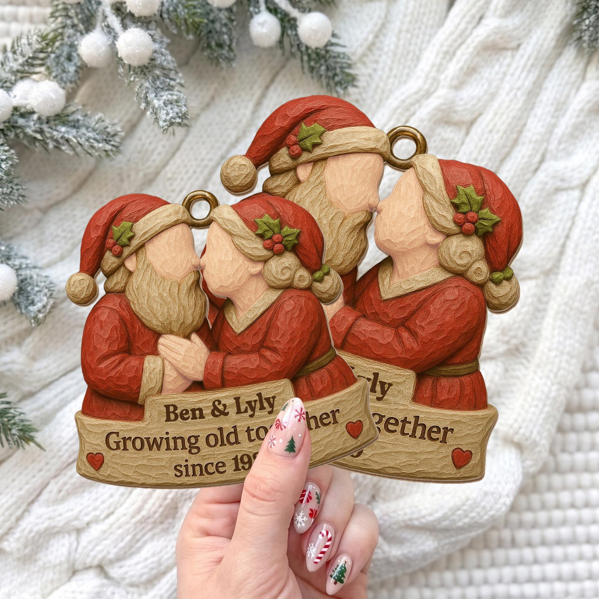 Growing Old Together, Santa Hats And Christmas Outfit - Personalized Custom Wood Ornament, Custom Shaped - CPL654_WDO
