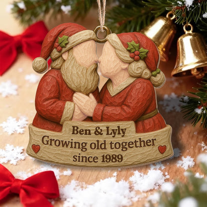 Growing Old Together, Santa Hats And Christmas Outfit - Personalized Custom Wood Ornament, Custom Shaped - CPL654_WDO