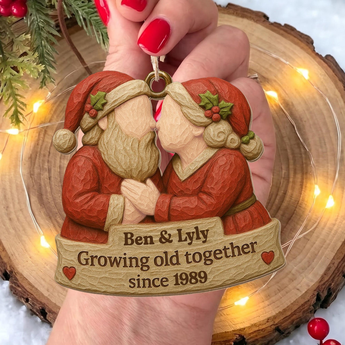 Growing Old Together, Santa Hats And Christmas Outfit - Personalized Custom Wood Ornament, Custom Shaped - CPL654_WDO