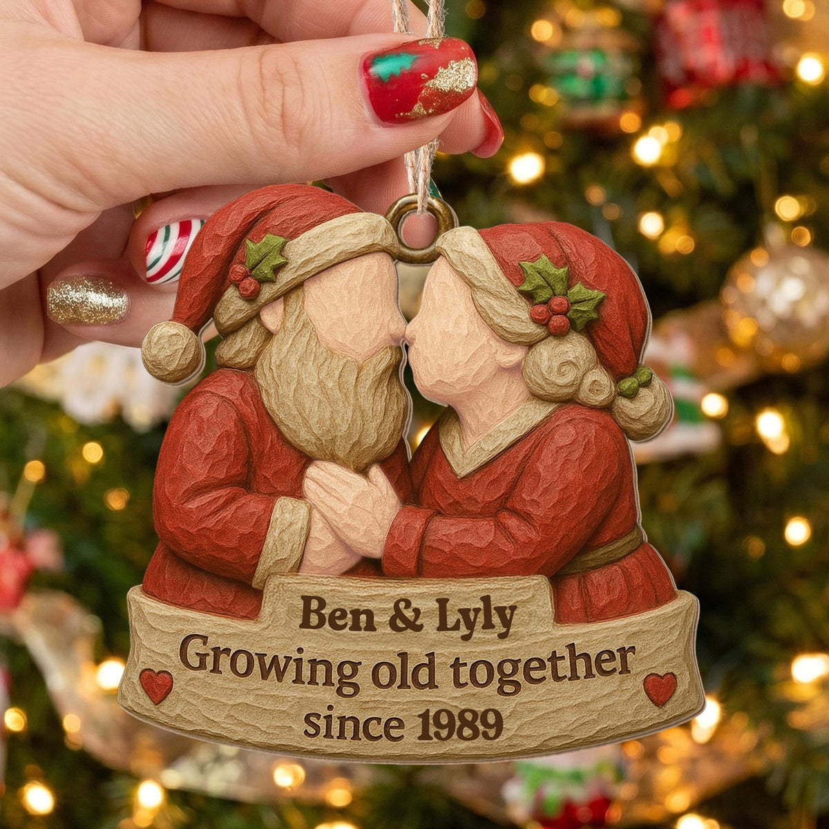 Growing Old Together, Santa Hats And Christmas Outfit - Personalized Custom Wood Ornament, Custom Shaped - CPL654_WDO
