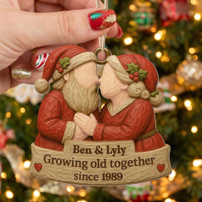 Growing Old Together, Santa Hats And Christmas Outfit - Personalized Custom Wood Ornament, Custom Shaped - CPL654_WDO