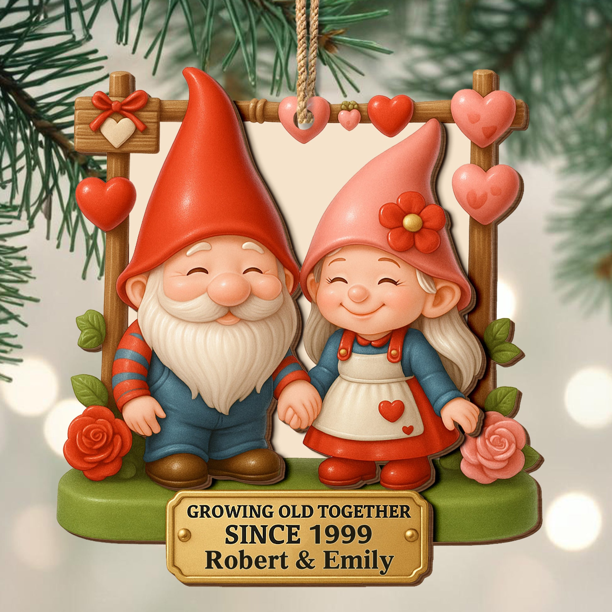 Growing Old Together, Garden Gnomes With Hearts And Roses