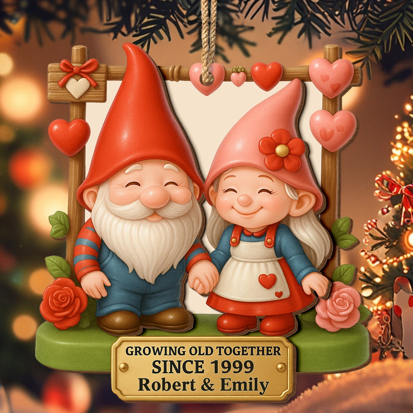 Growing Old Together, Garden Gnomes With Hearts And Roses