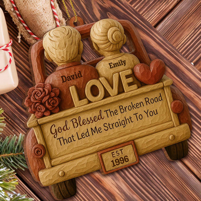 God Blessed The Broken Road, Car And Hearts Design - Personalized Custom Wood Ornament, Custom Shaped - CPL672_WDO