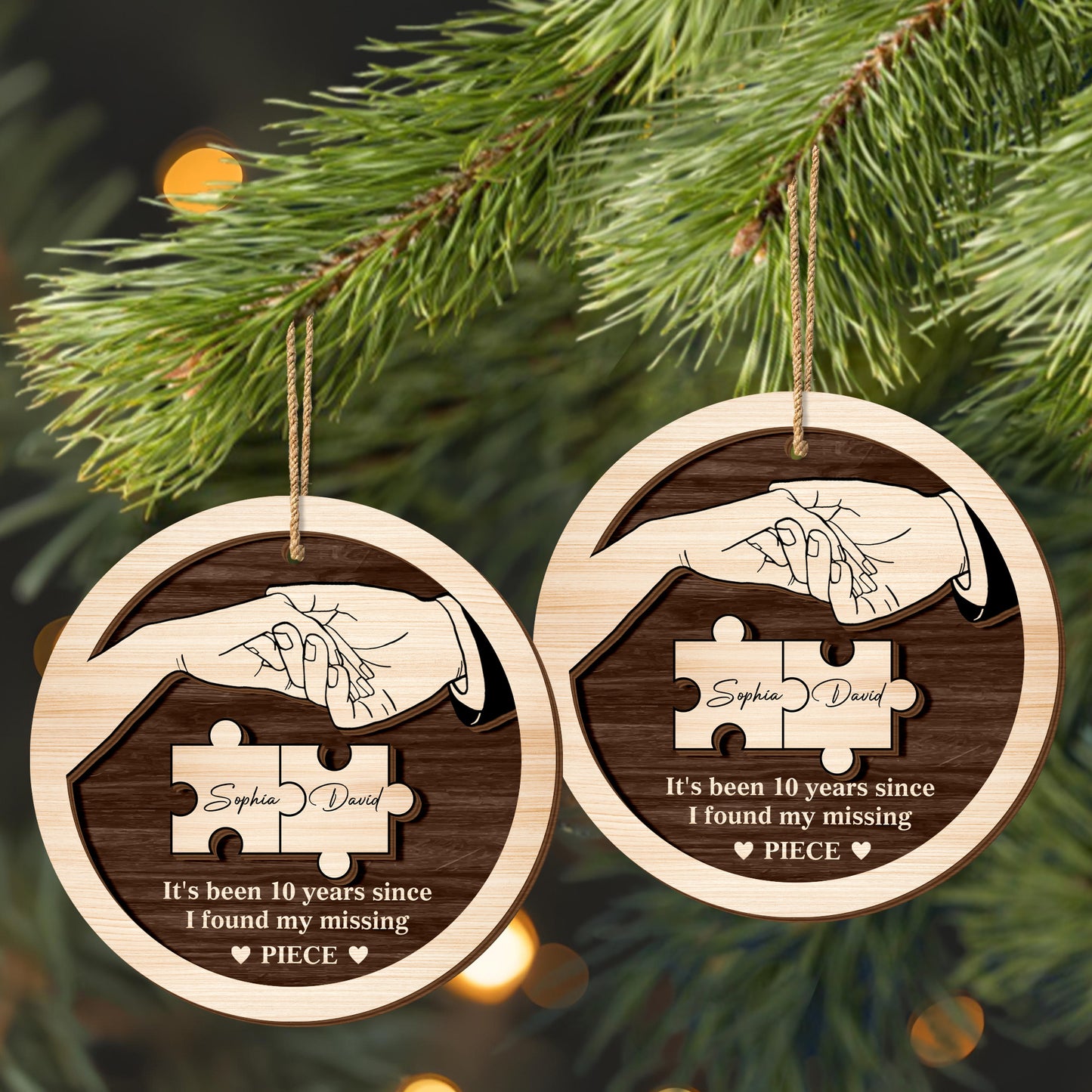 Found My Missing Piece, Hands And Puzzle Design - Personalized Double Layer Wood Ornament - CPL680_DWO