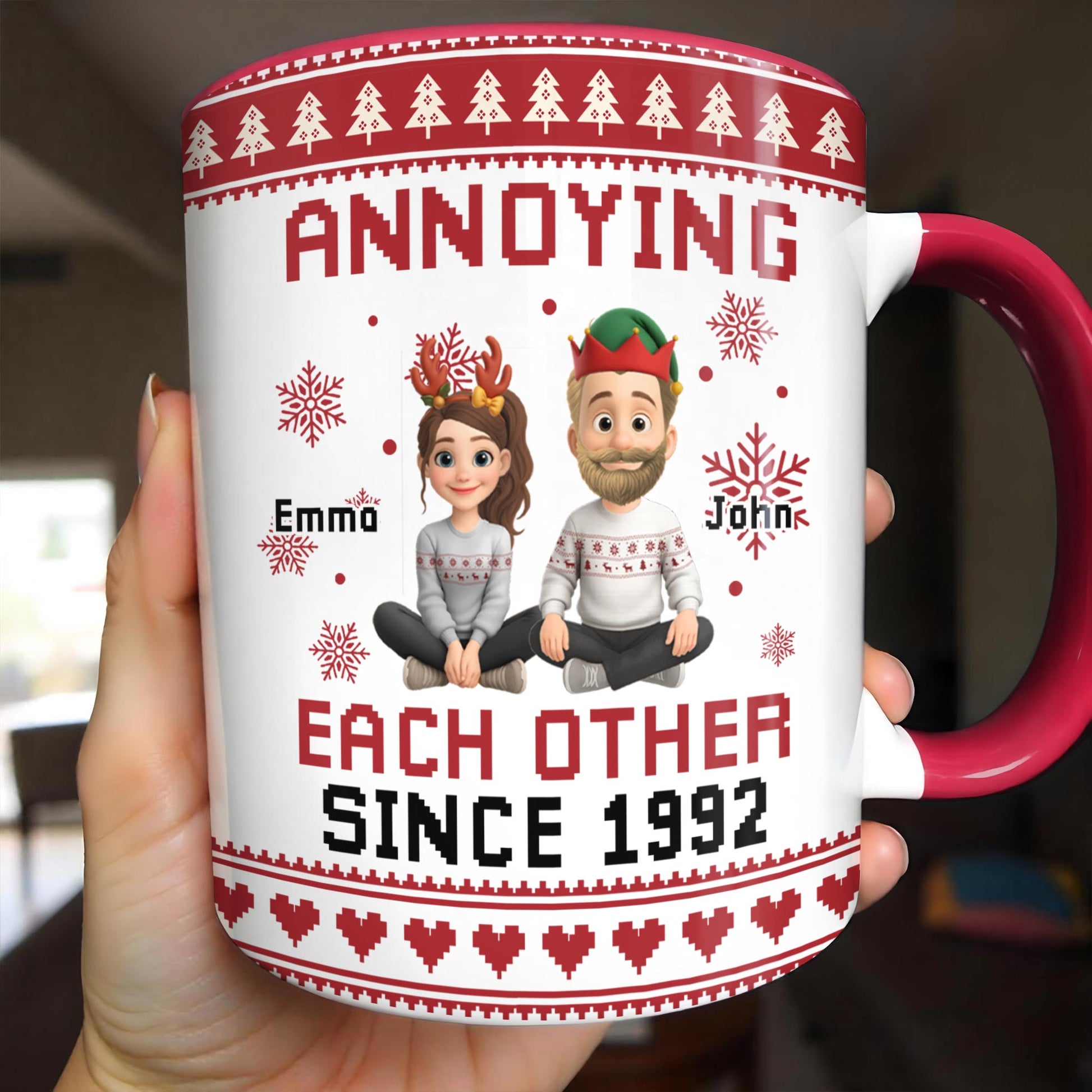 Annoying Each Other Since 1989, Christmas Elves and Snowflakes Mug