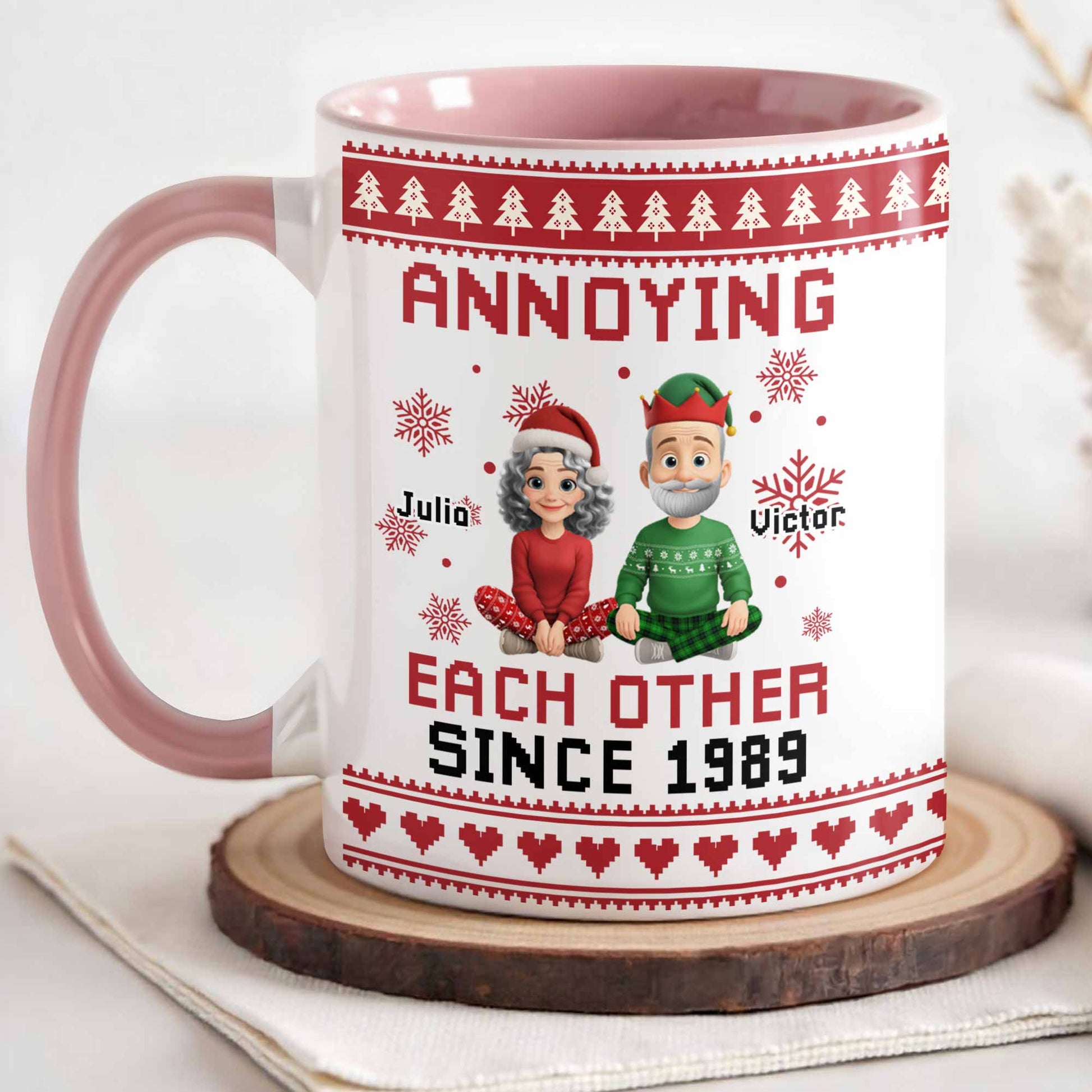 Annoying Each Other Since 1989, Christmas Elves and Snowflakes Mug