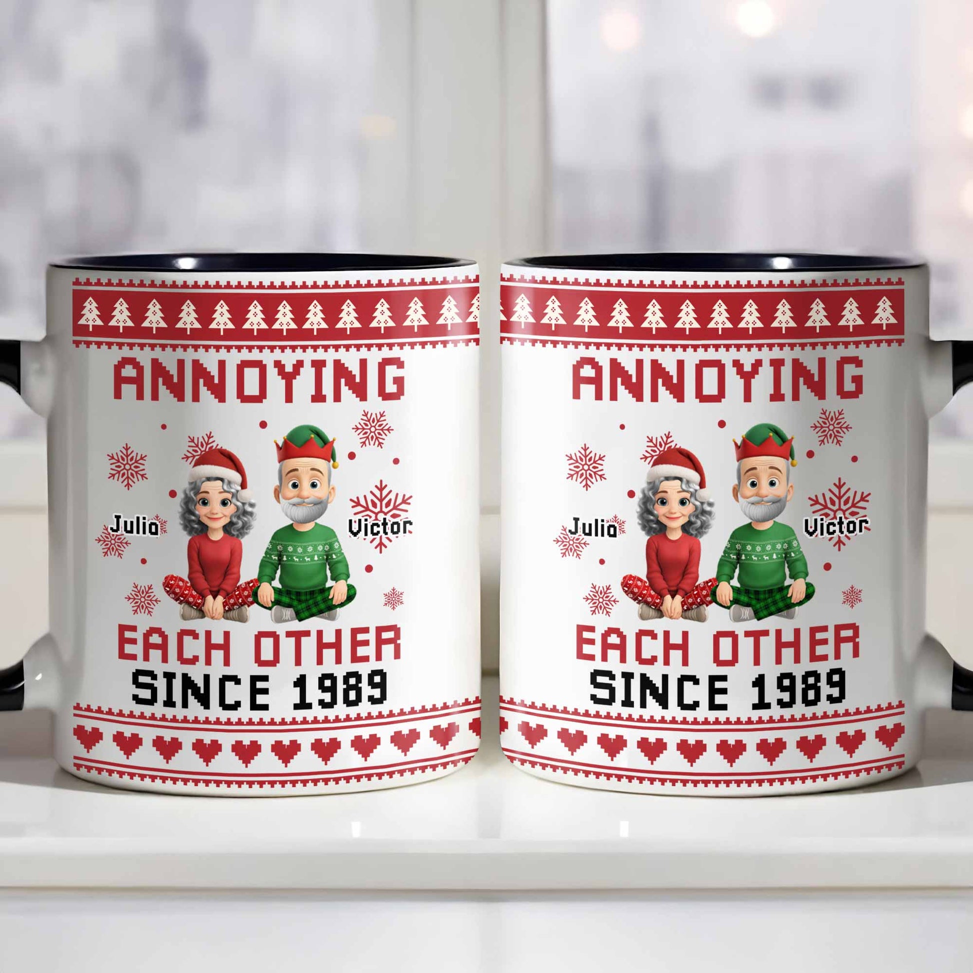 Annoying Each Other Since 1989, Christmas Elves and Snowflakes Mug
