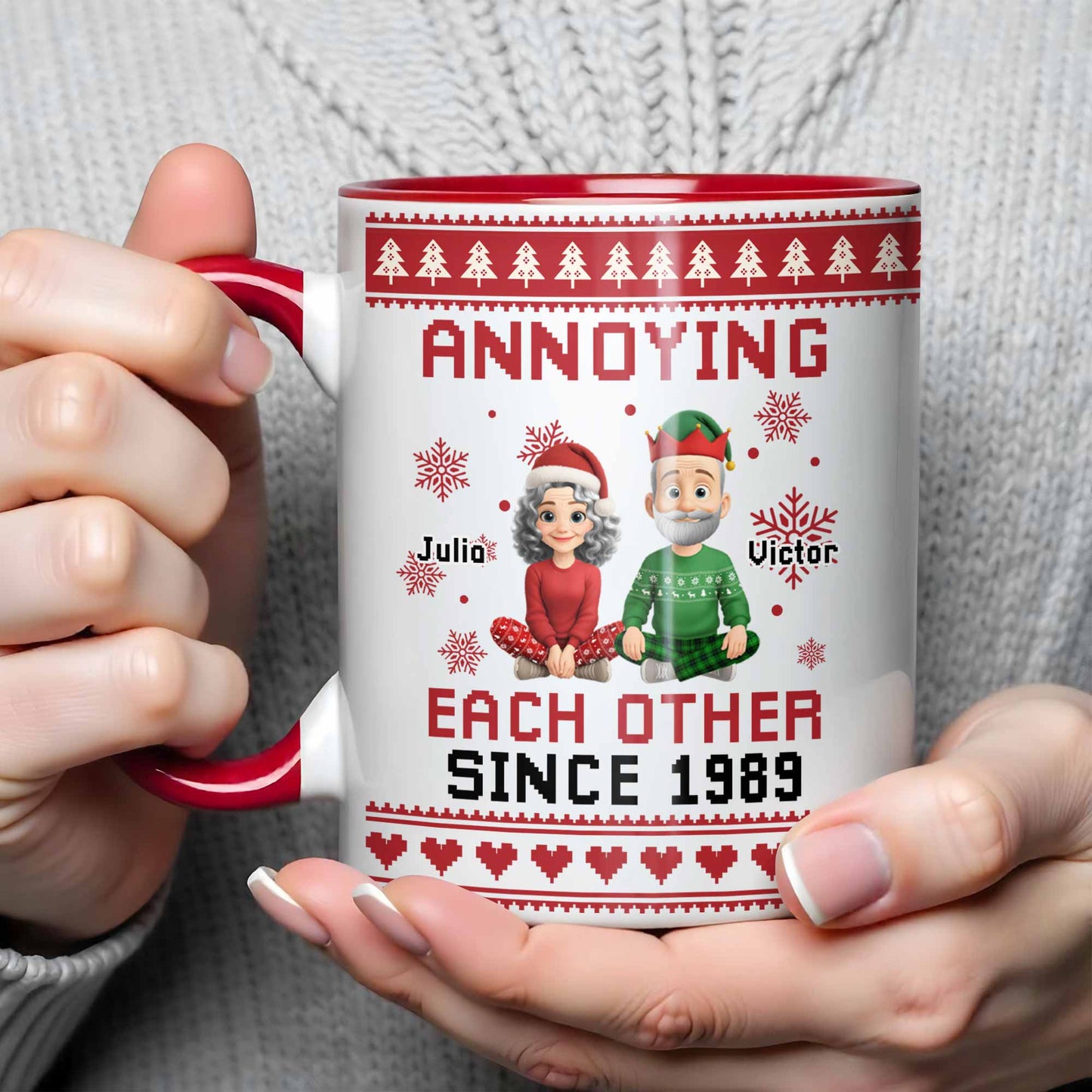 Annoying Each Other Since 1989, Christmas Elves and Snowflakes Mug