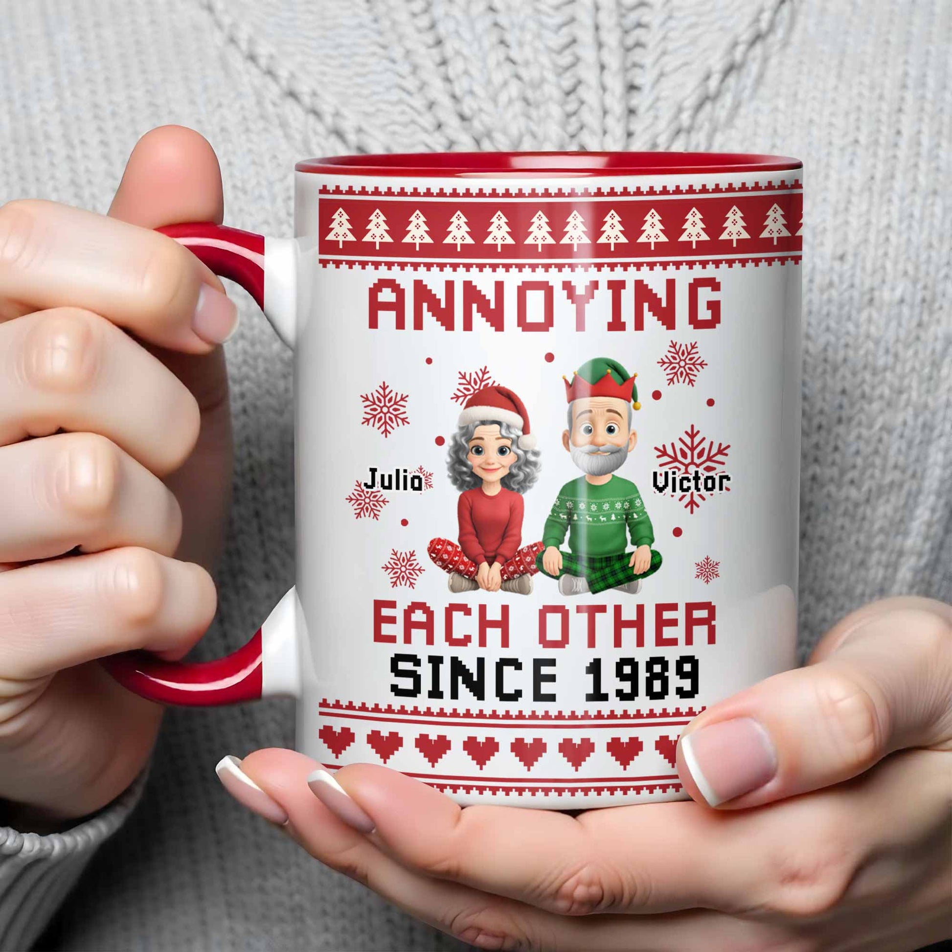 Annoying Each Other Since 1989, Christmas Elves and Snowflakes Mug