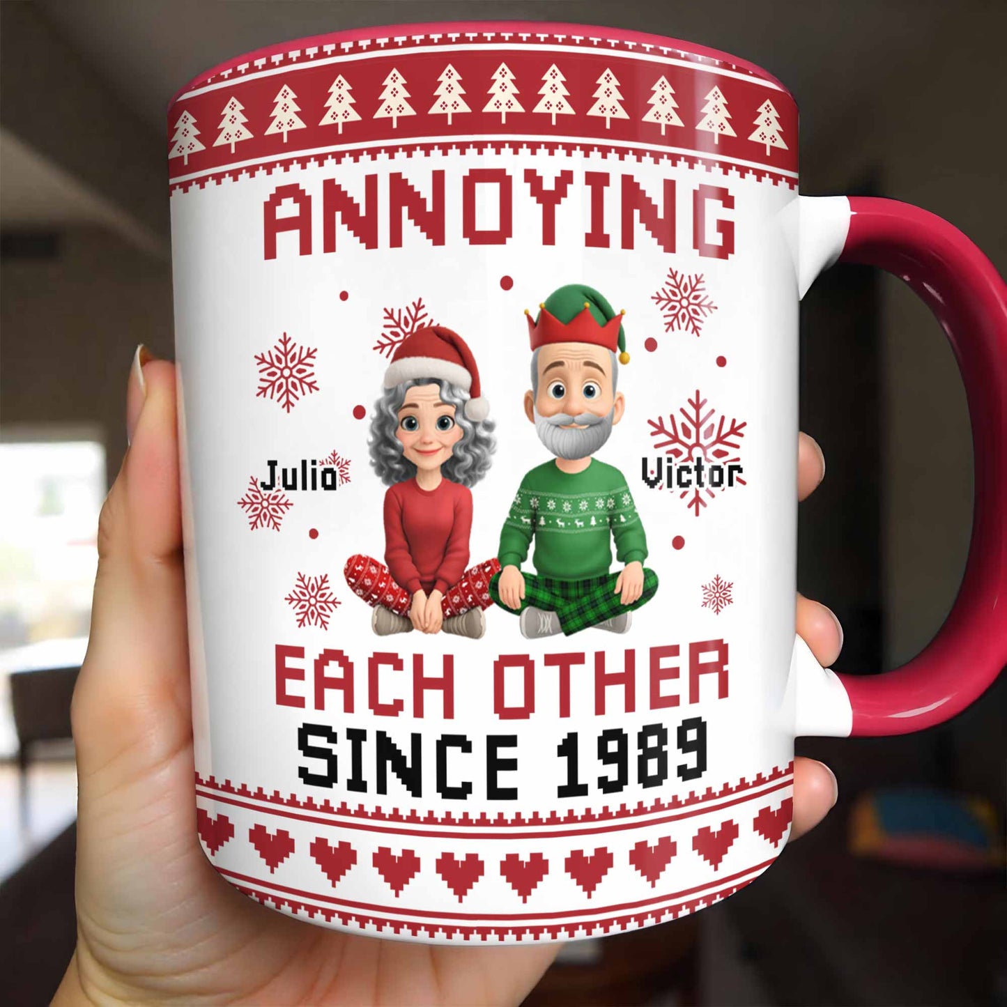 Annoying Each Other Since 1989, Christmas Elves and Snowflakes Mug