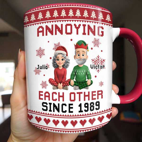Annoying Each Other Since 1989, Christmas Elves and Snowflakes Mug