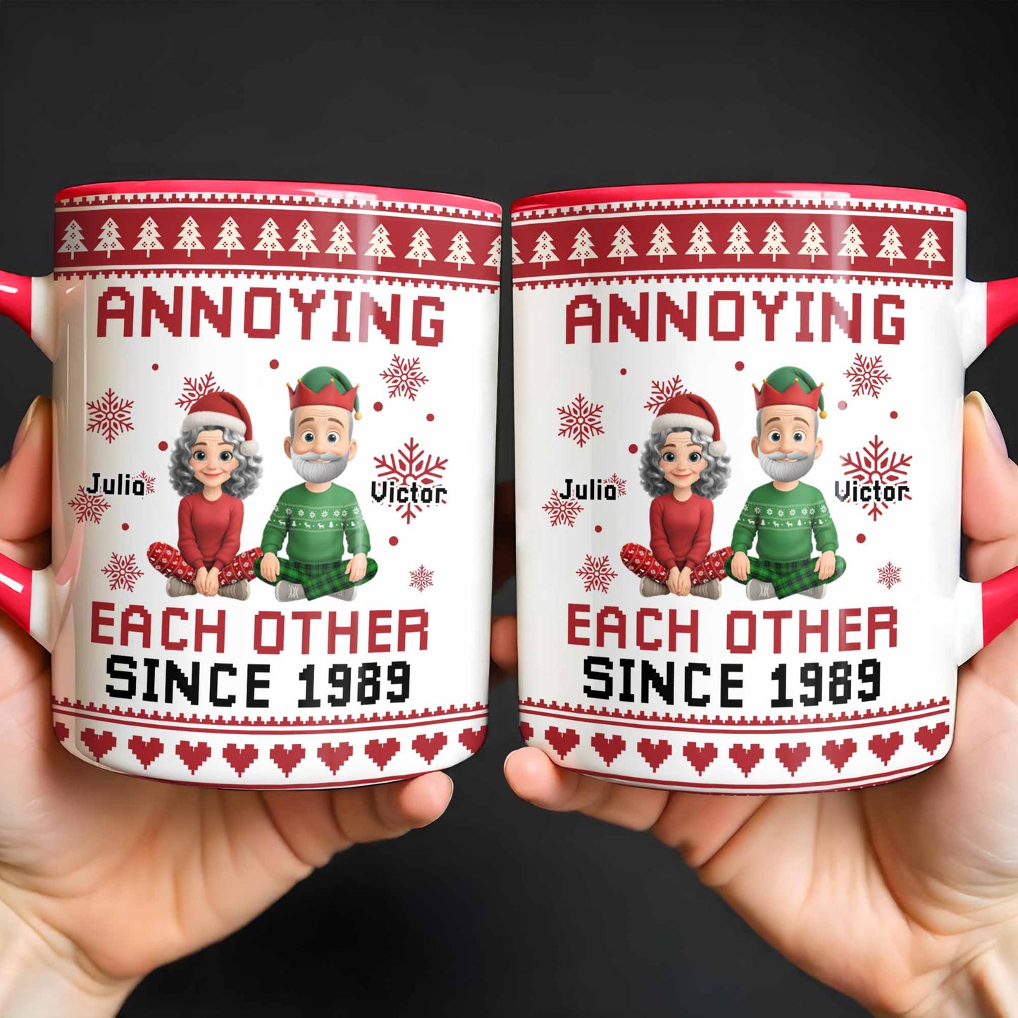 Annoying Each Other Since 1989, Christmas Elves and Snowflakes Mug