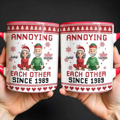 Annoying Each Other Since 1989, Christmas Elves and Snowflakes Mug