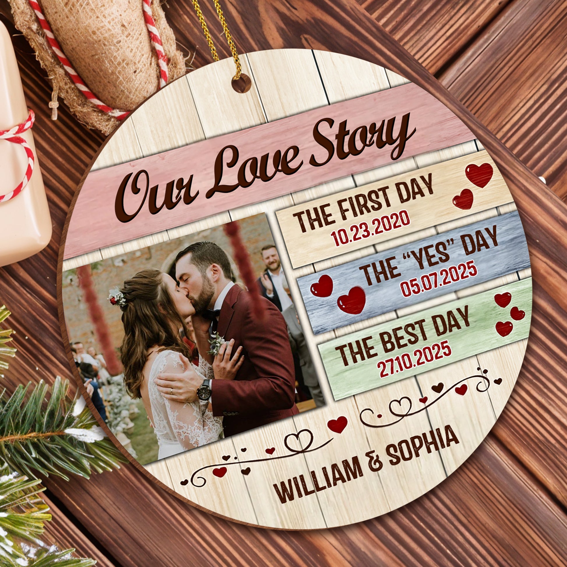 Our Love Story Timeline With Themed Hearts,Custom Wood Ornament