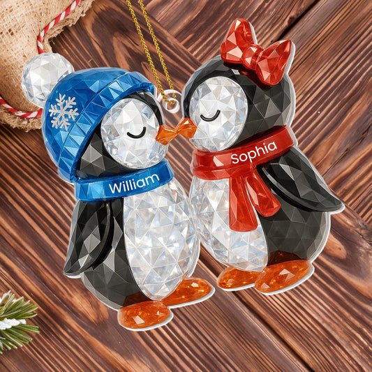 Customizable Penguin Couple Ornament With Scarves And Hats