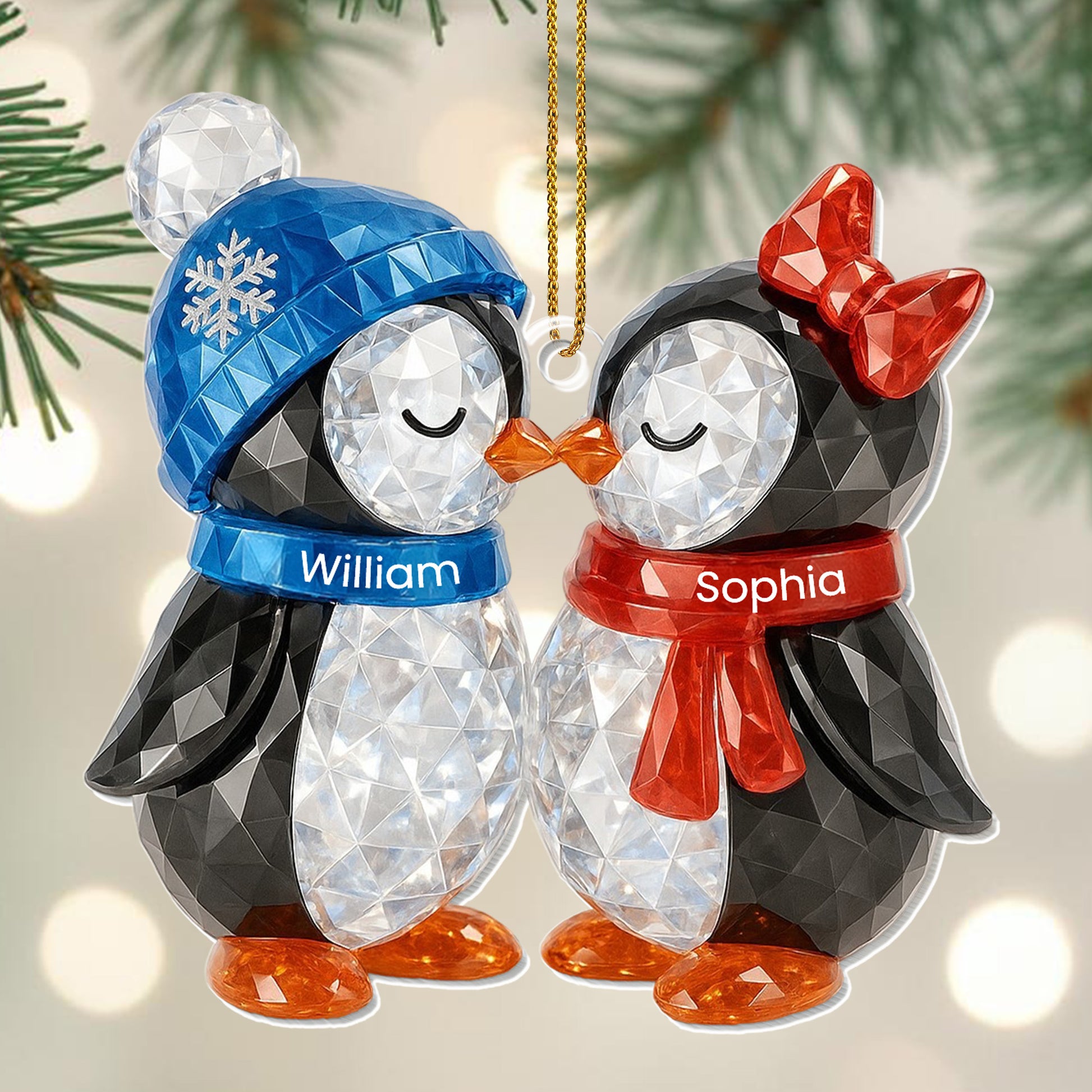 Customizable Penguin Couple Ornament With Scarves And Hats