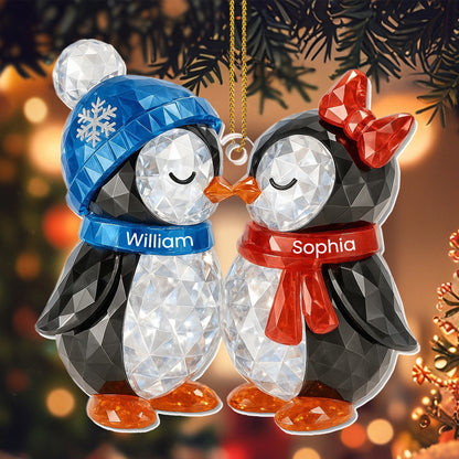Customizable Penguin Couple Ornament With Scarves And Hats