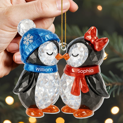 Customizable Penguin Couple Ornament With Scarves And Hats