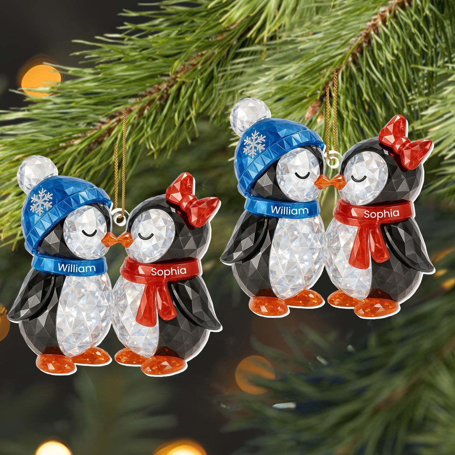 Customizable Penguin Couple Ornament With Scarves And Hats