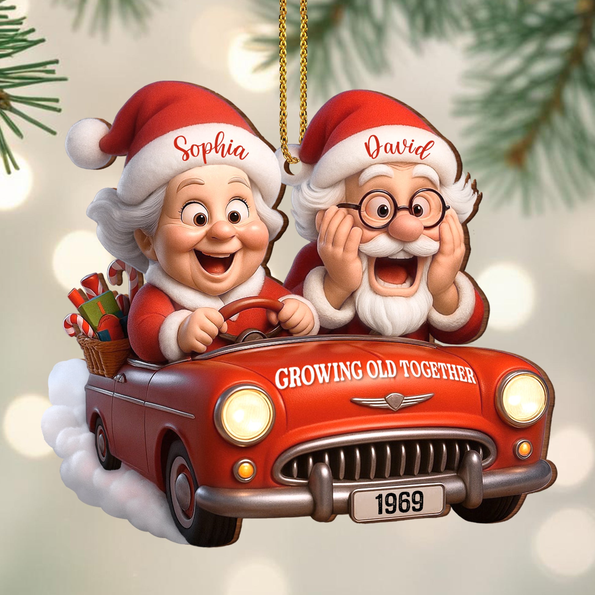 Growing Old Together With Santa Claus In Vintage Car