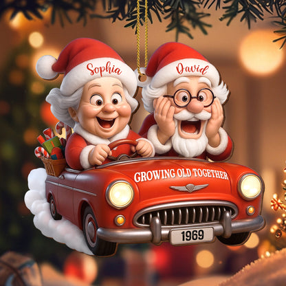 Growing Old Together With Santa Claus In Vintage Car