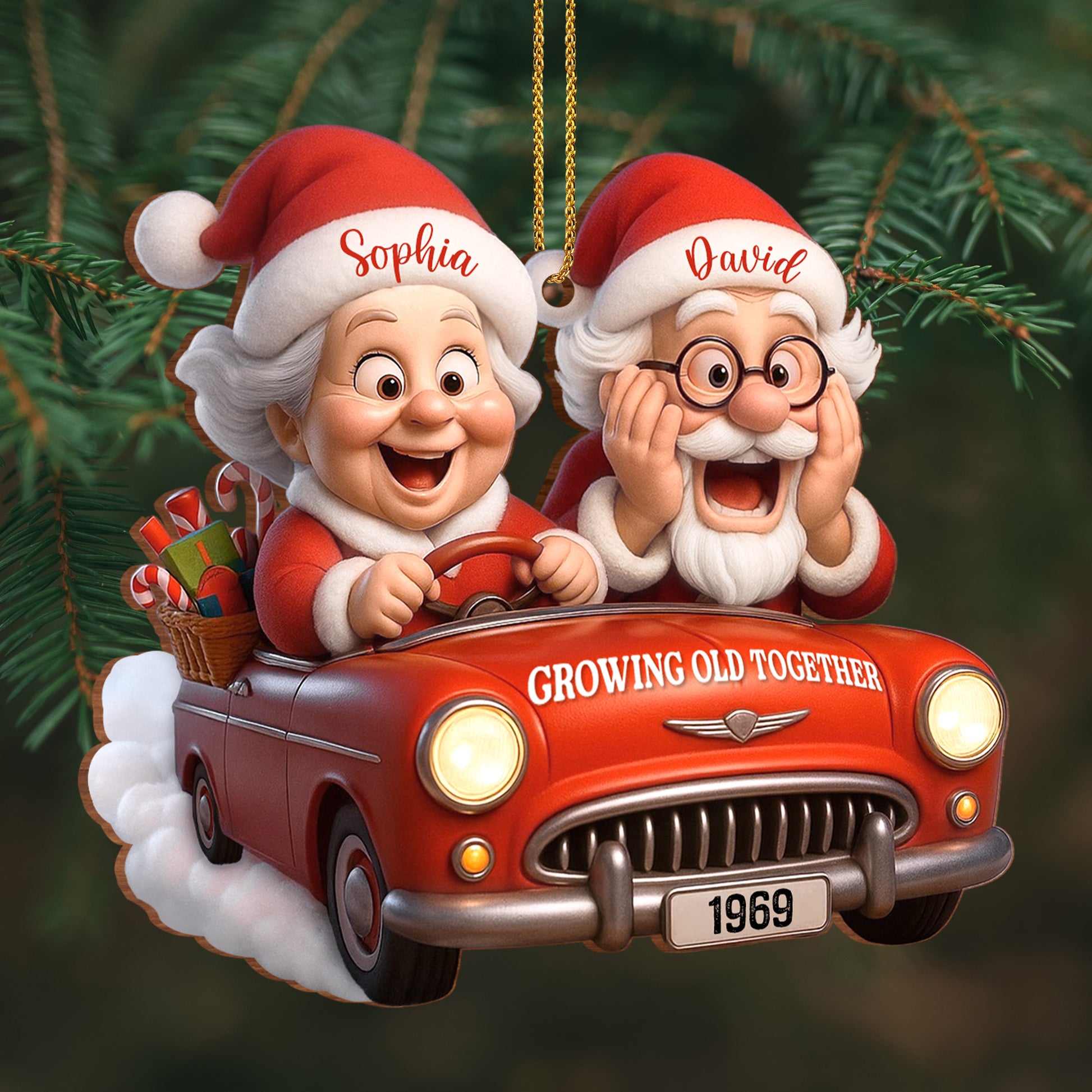 Growing Old Together With Santa Claus In Vintage Car
