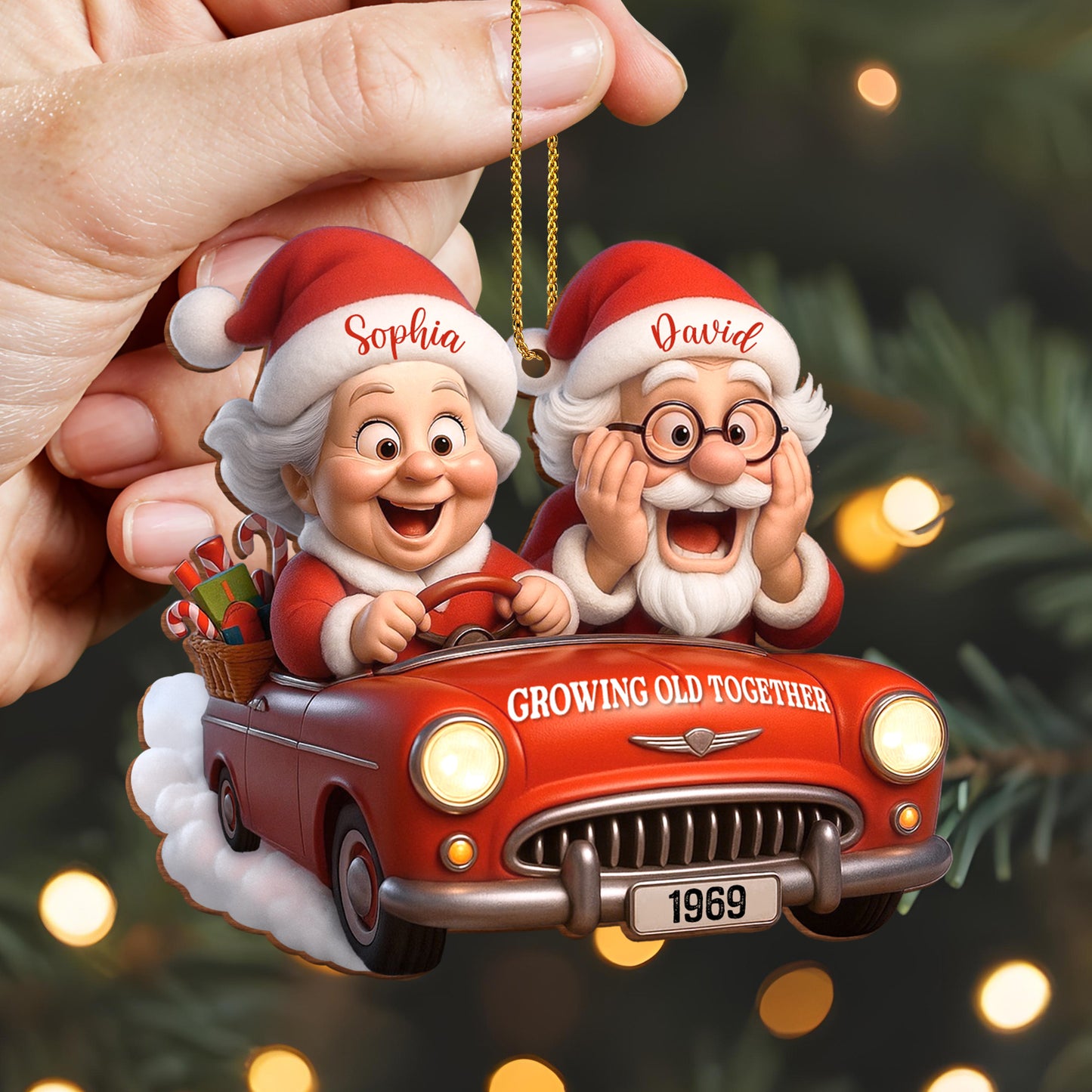 Growing Old Together With Santa Claus In Vintage Car