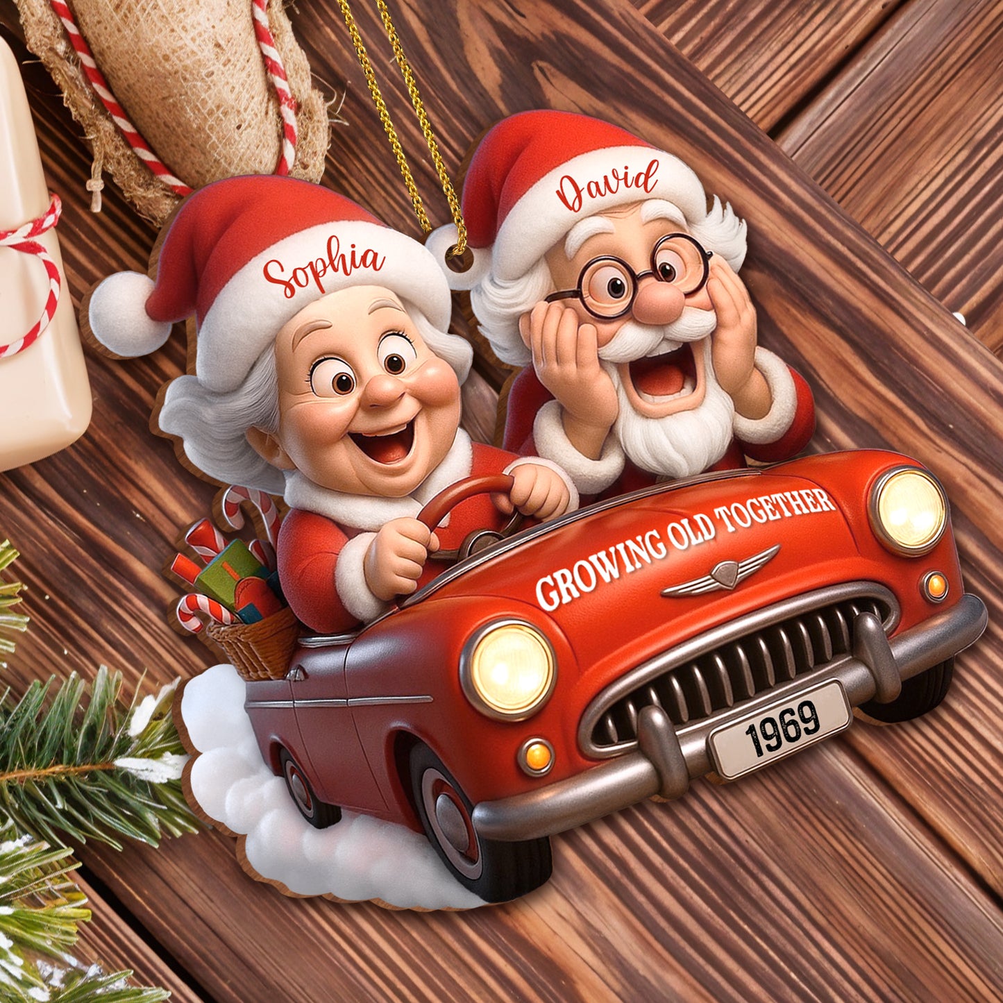 Growing Old Together With Santa Claus In Vintage Car