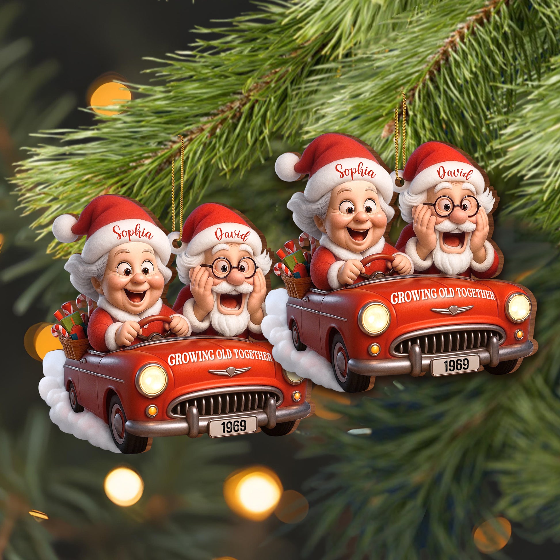 Growing Old Together With Santa Claus In Vintage Car