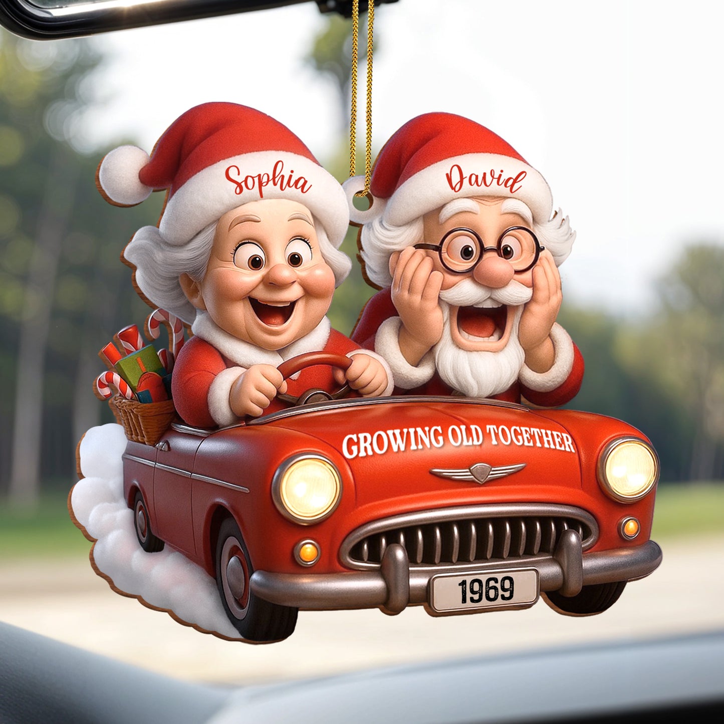 Growing Old Together With Santa Claus In Vintage Car