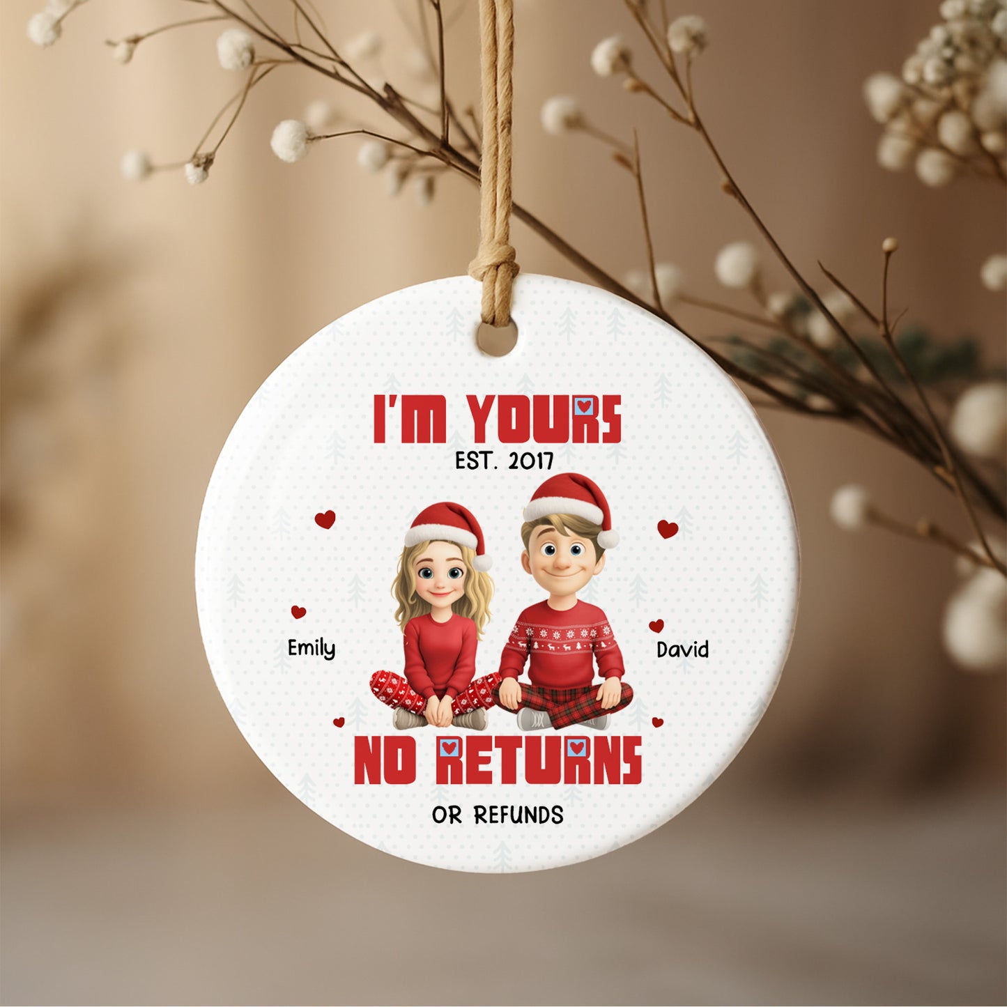 I'm Yours No Returns Or Refunds, Couple With Christmas Hats