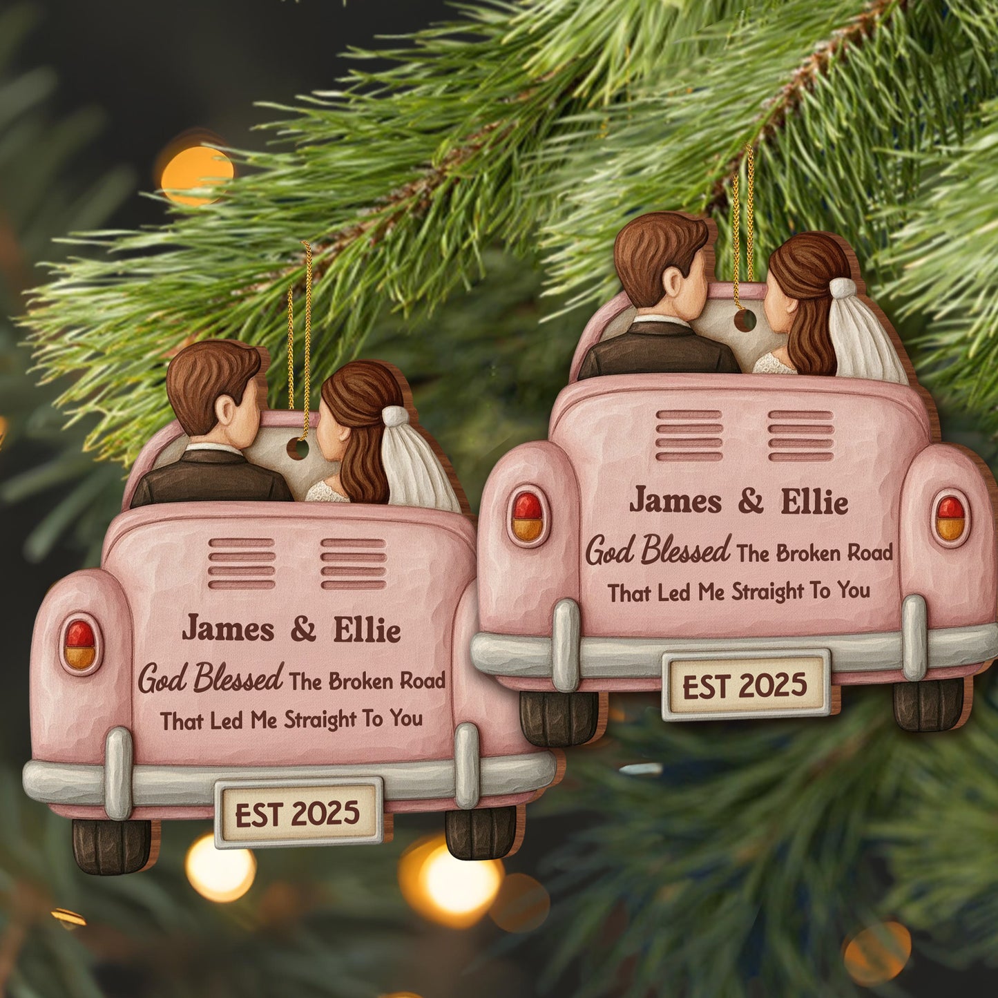 God Blessed The Broken Road, Car And Couple Design