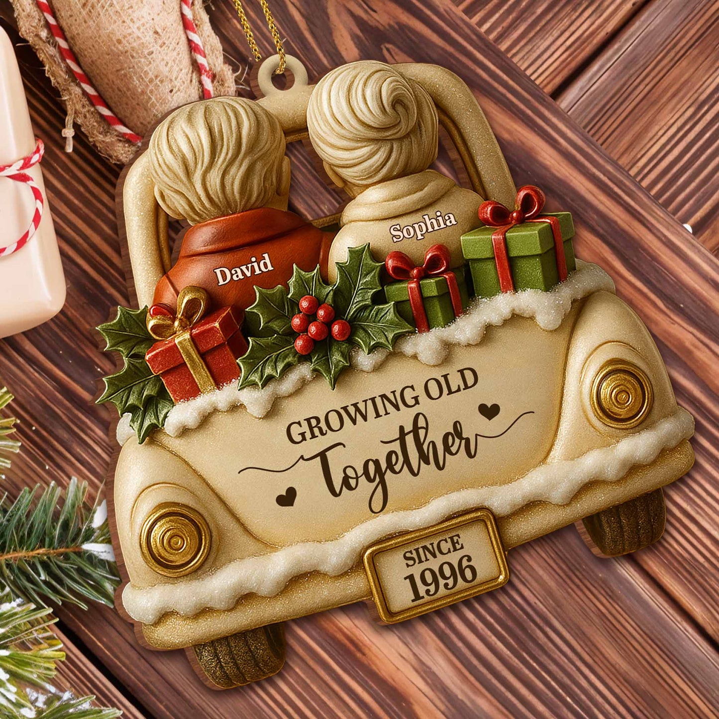 Growing Old Together With Car And Presents Ornament