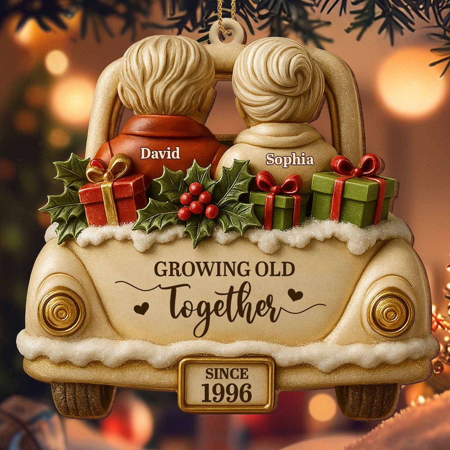 Growing Old Together With Car And Presents Ornament