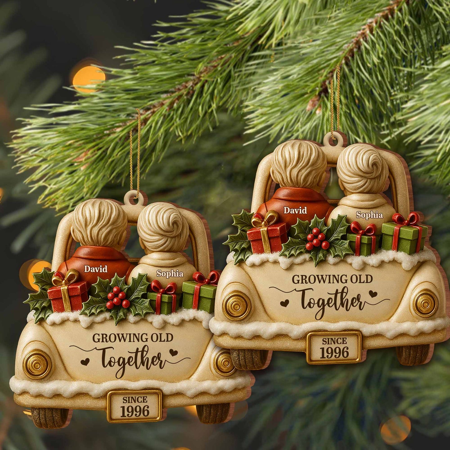 Growing Old Together With Car And Presents Ornament