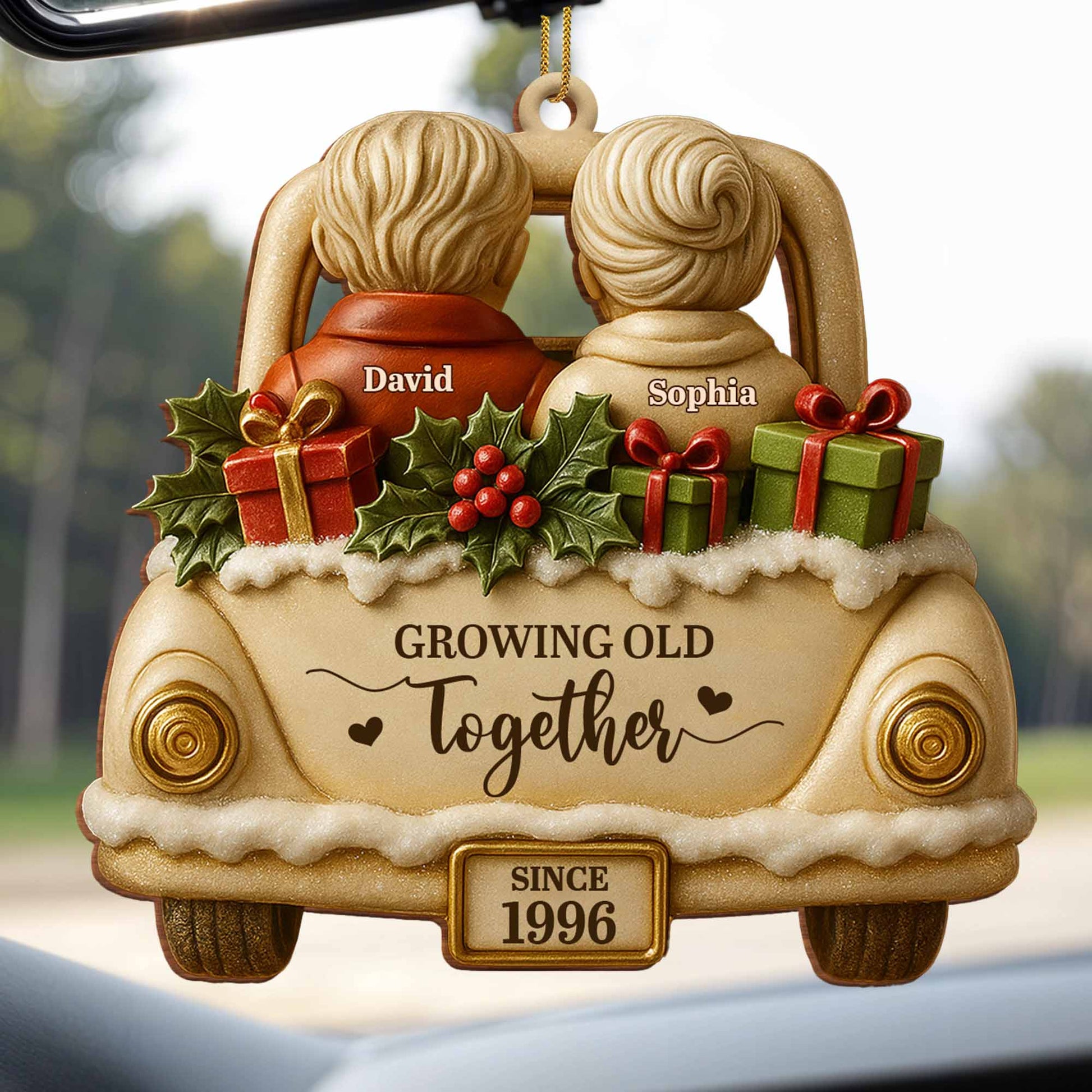 Growing Old Together With Car And Presents Ornament