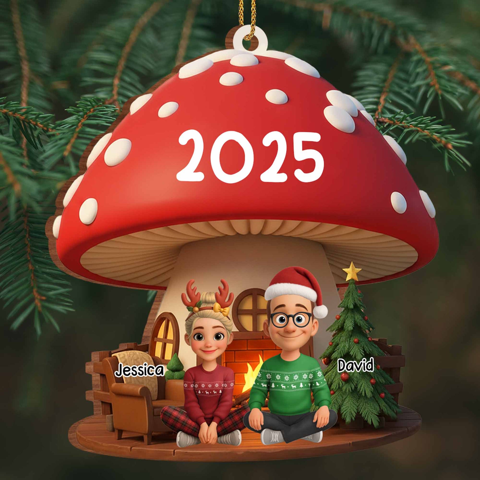 Customizable Christmas Mushroom Ornament With Tree And Presents