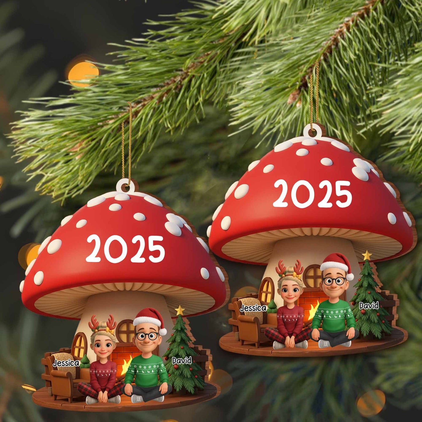 Customizable Christmas Mushroom Ornament With Tree And Presents