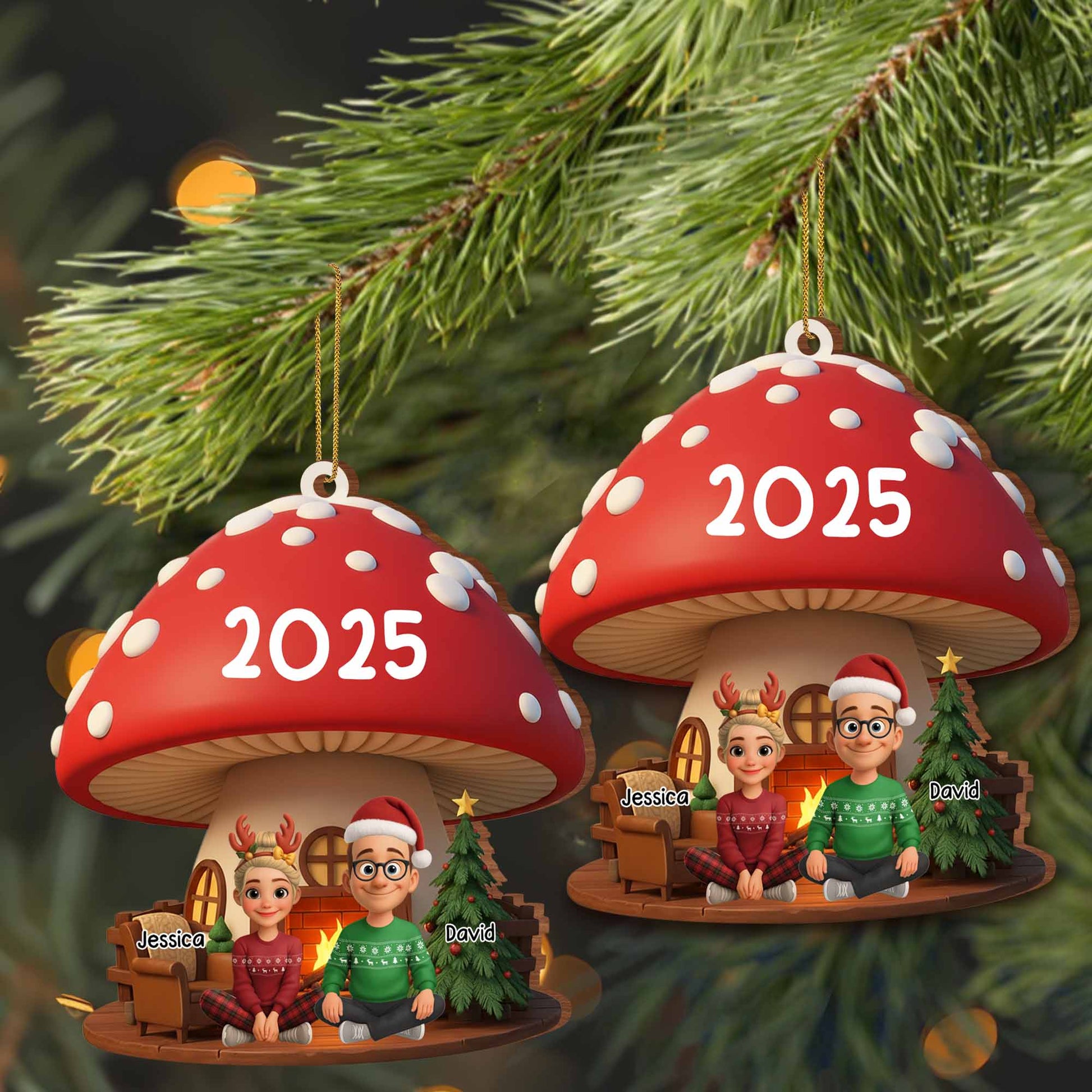 Customizable Christmas Mushroom Ornament With Tree And Presents