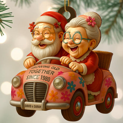 Growing Old Together, Elderly Couple In Vintage Car - Personalized Custom Wood Ornament, Custom Shaped - CPL764_WDO