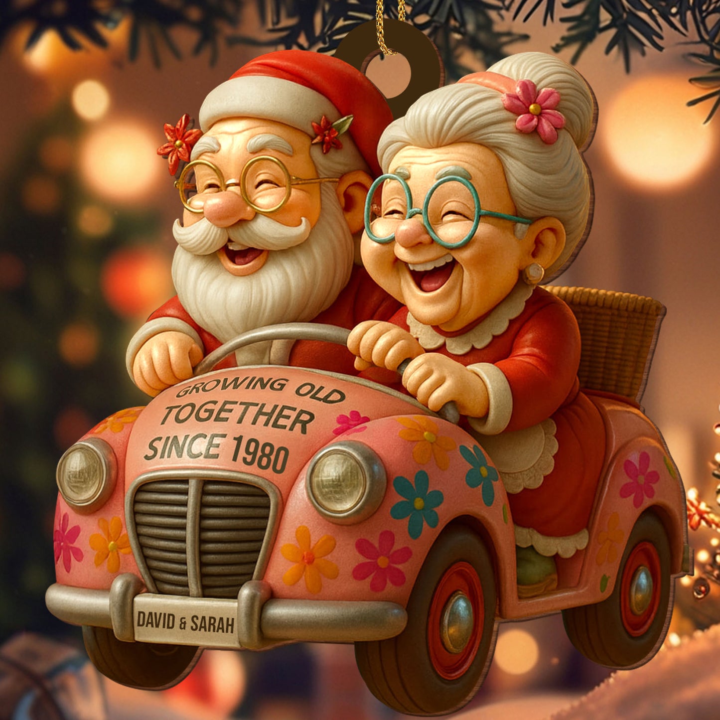 Growing Old Together, Elderly Couple In Vintage Car - Personalized Custom Wood Ornament, Custom Shaped - CPL764_WDO