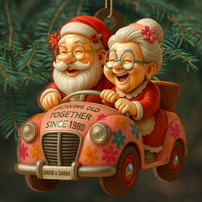Growing Old Together, Elderly Couple In Vintage Car - Personalized Custom Wood Ornament, Custom Shaped - CPL764_WDO